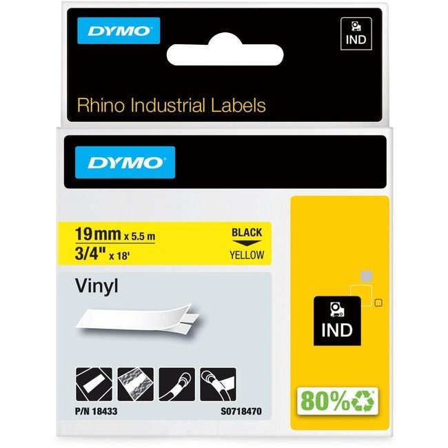 Newell Brands DYMO Tape Ind Vnyl 3/4" Bk/Yw DYM18433