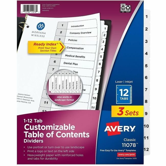 Avery Products Corporation Divider Index 12TAB AVE11078