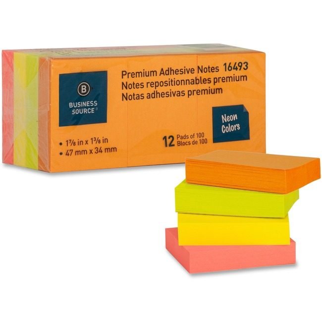 Business Source Notes Adhesive 1.5X2 12 Pack Neon BSN16493