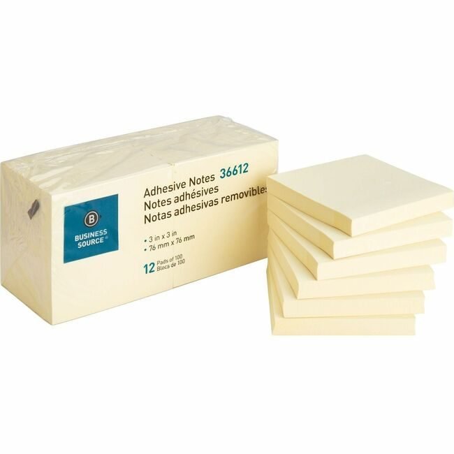 Business Source Notes Adhesive 3X3 12 Pack Yw BSN36612