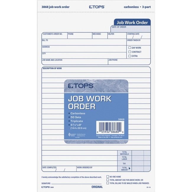 TOPS Products Form Job Work Order 3-PART TOP3868