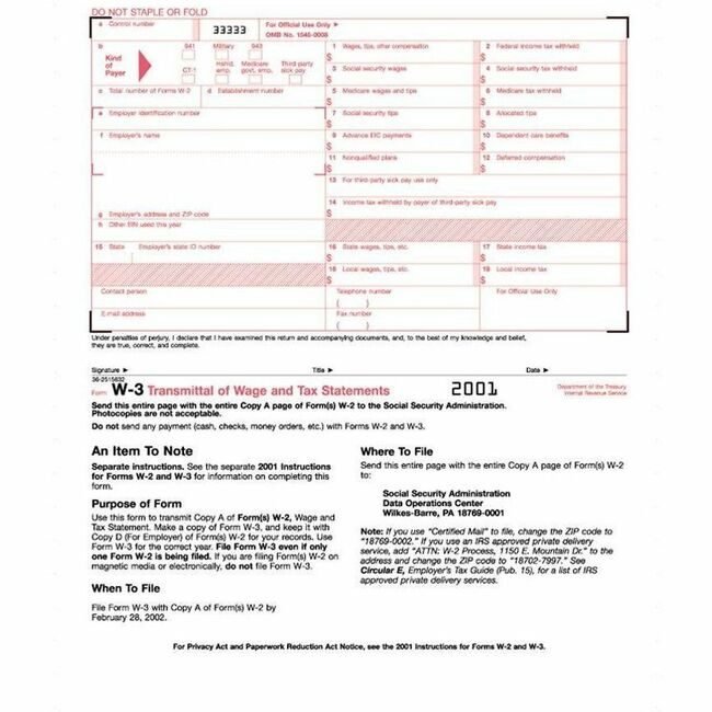 TOPS Products Form Tax W-3 2PT TOP2203