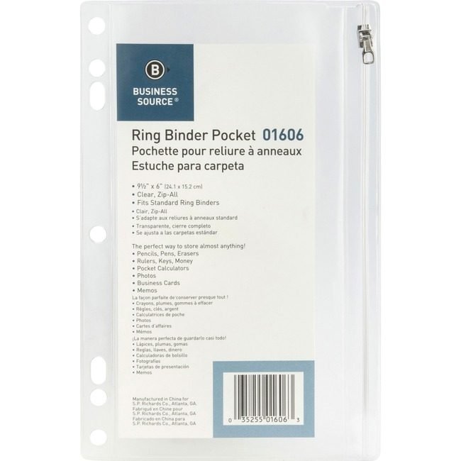Business Source Pocket Zipper Binder 9.5X6 Clear BSN01606