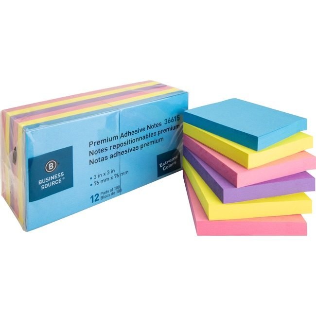 Business Source Notes Adhesive 3X3 12 Pack Xtreme BSN36615