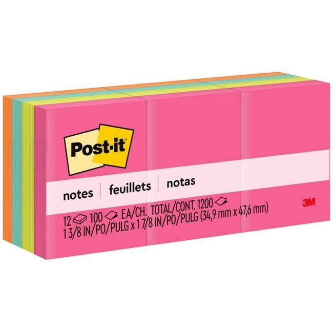 3M Company Notes Postit 1.5X2 12 Pack Assorted MMM653AN